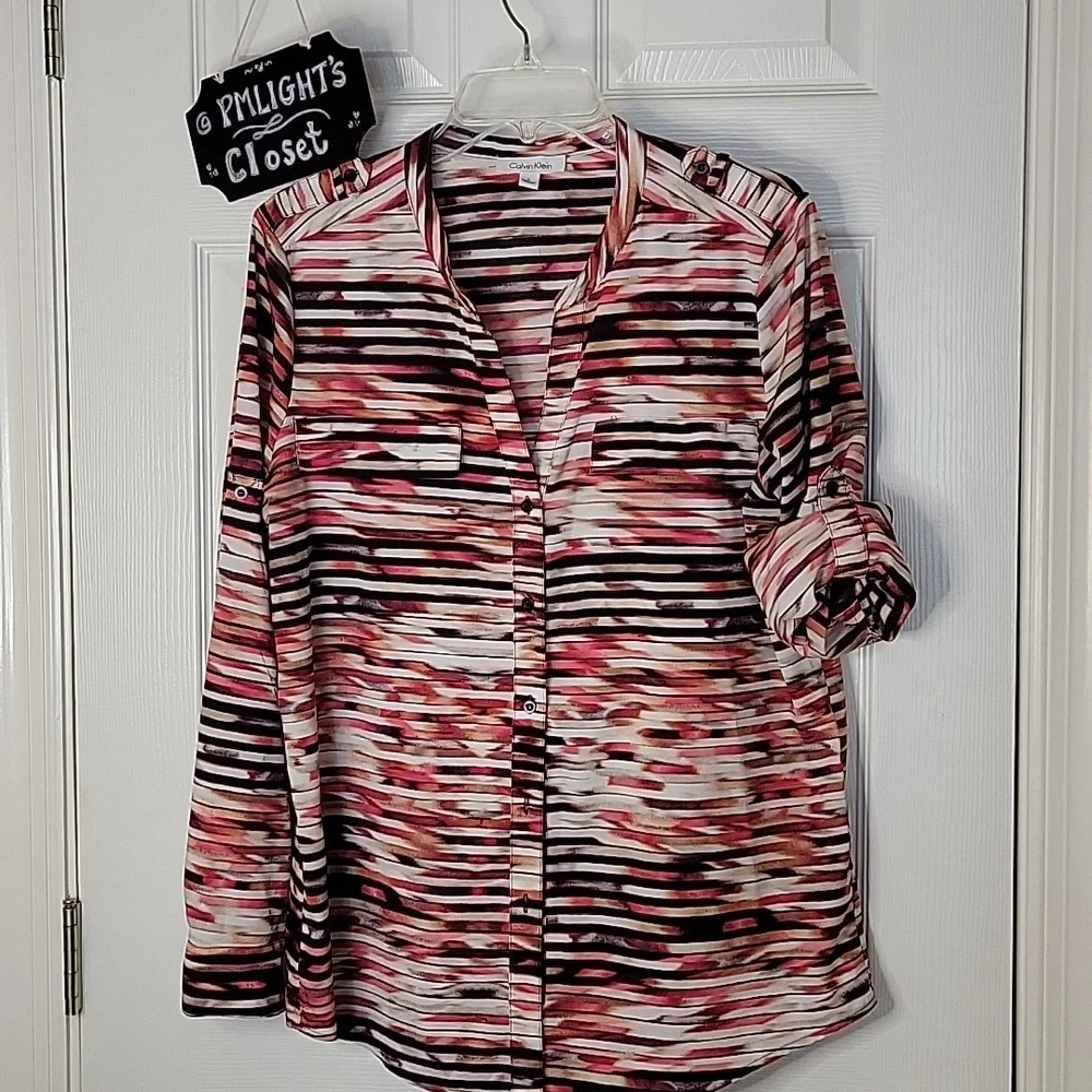 Calvin Klein Blouse Large Pink Purple Black White Tan Stripe Military